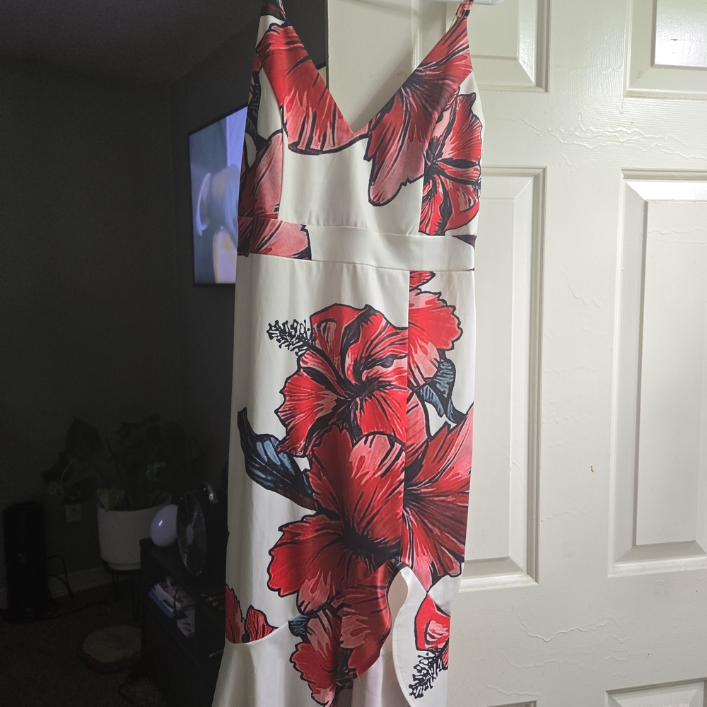 Vibrant Floral Maxi Dress with Red Hibiscus